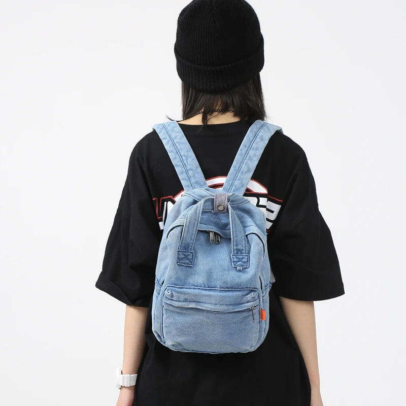 Small Denim Backpacks For Women Cute Little Portable Backpack 100% Cotton School Bags For Teenage Girls Fashion Casual Packages