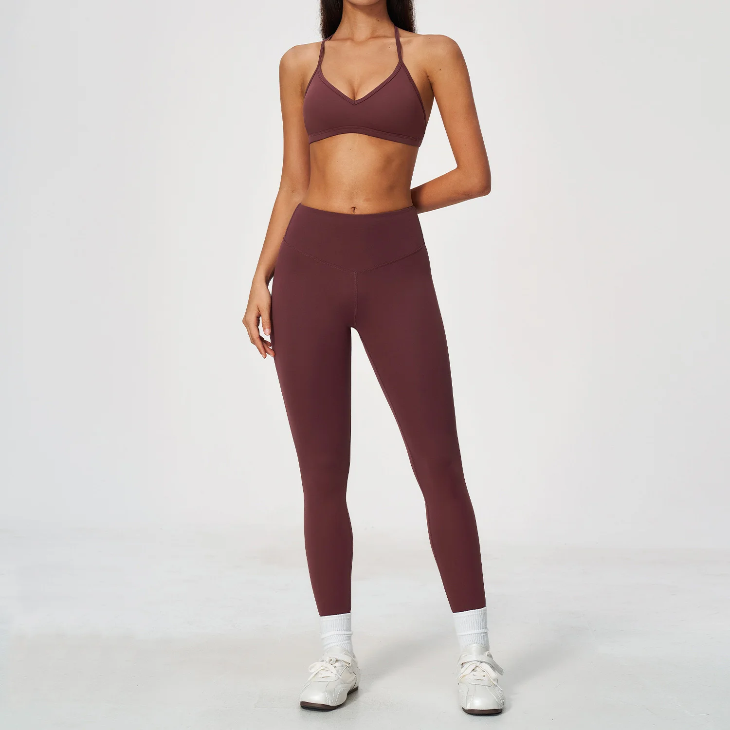 Backless Halter Yoga Set Quick Dry V Neck Gym Sports Bra High Waist Leggings Sportswear Hip Lifting Workout Fitness Running Suit