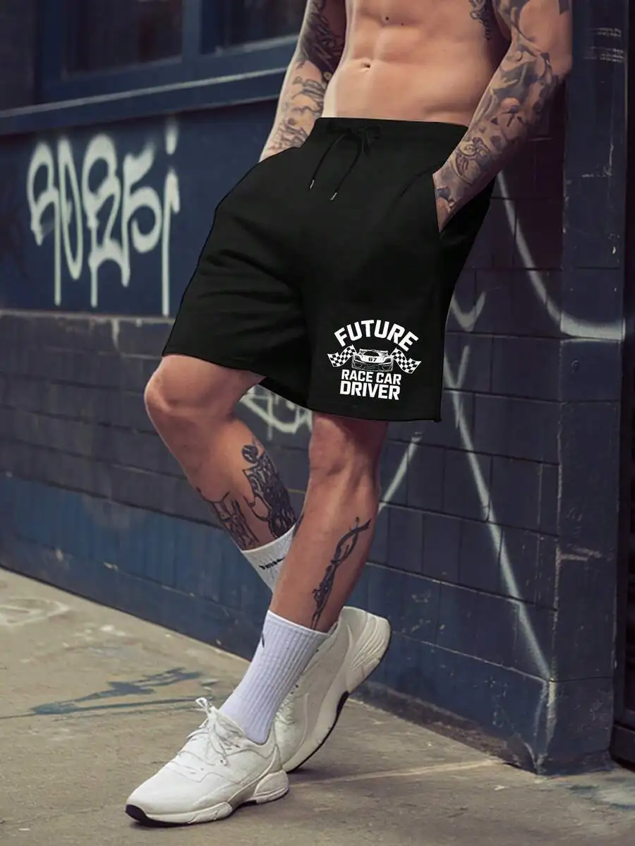 

Mens Loose Fit Racing Car Driver Shorts With Speed Graphic Casual Athletic Wear