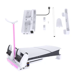 For PS5 Slim Disc & Digital Editions Console Holder Horizontal Bracket Stand with Dual Controller Charger Headphone Hanger Base