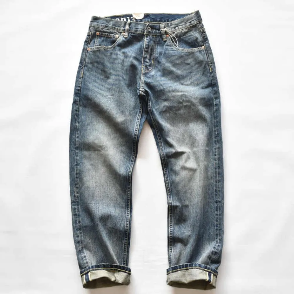 Red selvedge red eared heavyweight jeans for men washed autumn straight American casual retro trousers