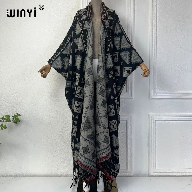 WINYI zimowe swetry damskie boho z sukienka na wakacje nadrukiem gruba ciepła damska sukienka kaftan maxi z kapturem mop płaszcz moda Abaya