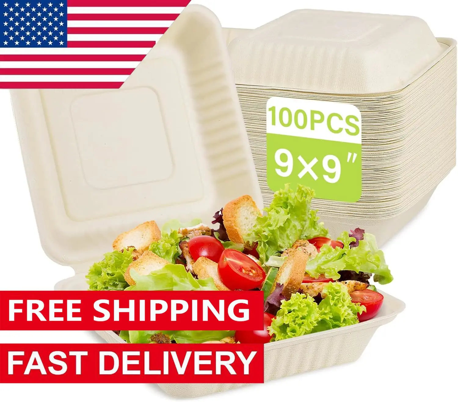 

Clamshell Take Out Food Container 100 Pack, 9X9 Compostable Food Container, Disposable To Go Boxes, Made From Eco-Friendly