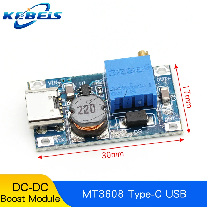 KEBEIS MT3608 DC-DC Einstellbares Boost-Modul 2A Aufwärtswandlerplatte Step-Up-Modul TYPE-C MICRO USB 2V-24V zu 5V 9V 12V 28V 6