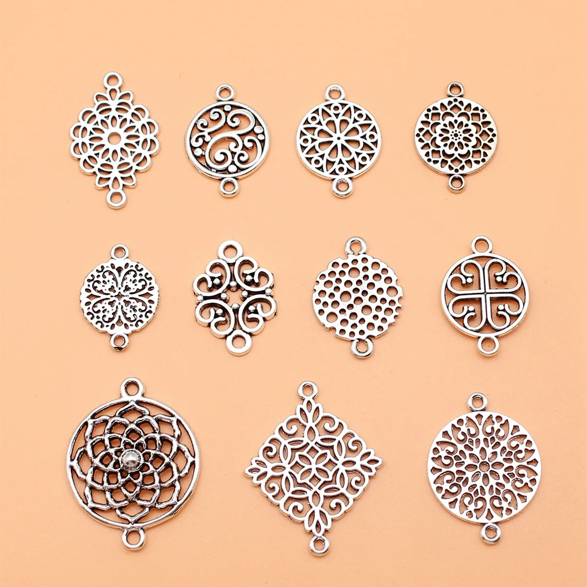 250Pcs/Bag 11 Styles Antique Silver Color Motif Connector Charms Pendant Diy Jewelry Accessories For Jewelry Making