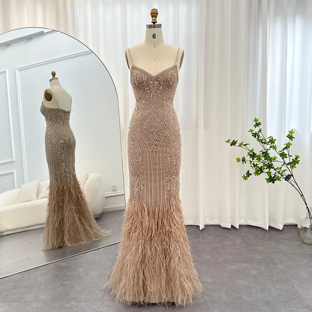 

Sharon Said Luxury Champagne Mermaid Feathers Evening Dresses for Wedding Spaghetti Straps Formal Party Dress SS171 Customized