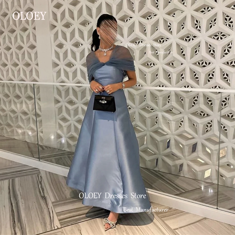 OLOEY Saudi Arabic Women Grey Satin Evening Dresses Tulle Sleeves Ankle Length Prom Gowns Formal Occasion Dress Party Elegant