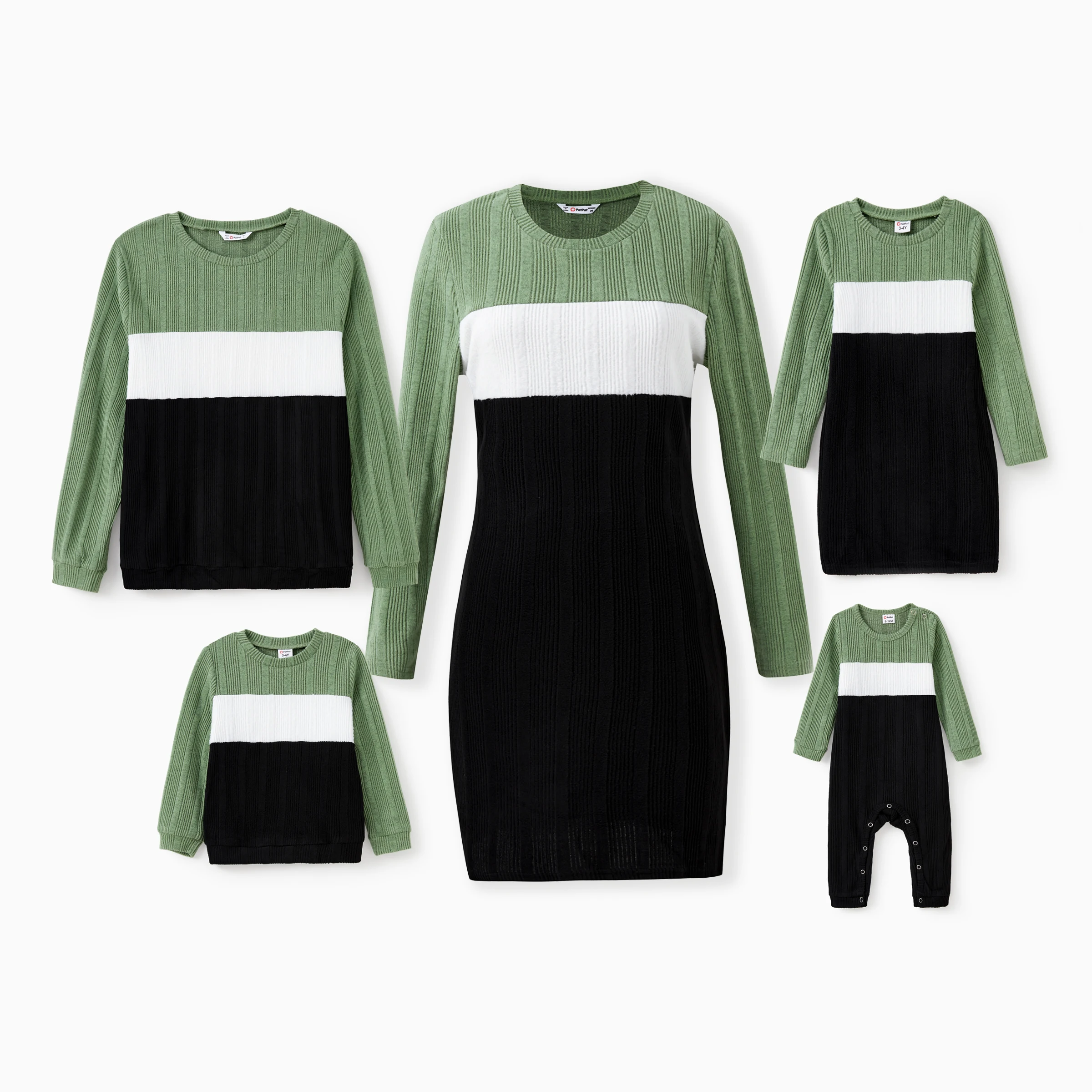 PatPat Family Matching Outfits Green Color Block Long Sleeves Ribbed Tops/Dress/Romper