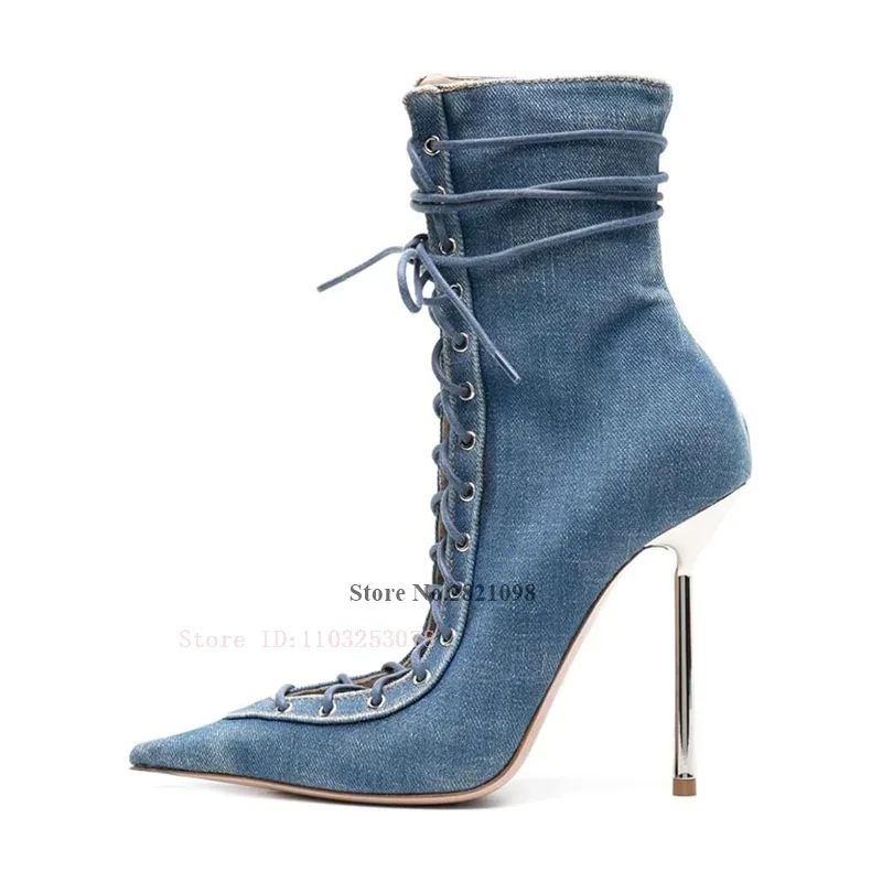 Uitgesneden Puntschoen Voorkant Veters Dunne Hakken Metalen Hakken Bevestiging 120Mm Naaldhak Laarzen Dames Hoge Hak Laars
