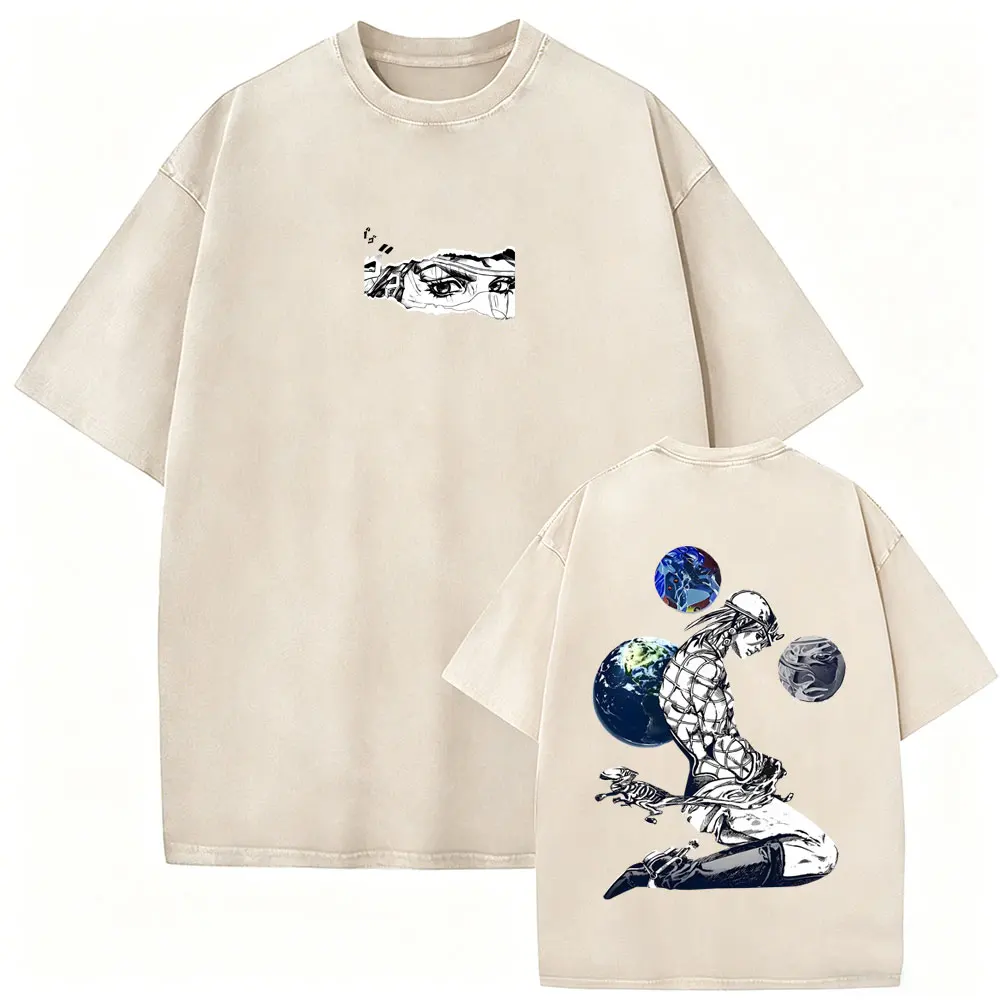 Gewaschenes Vintage Anime Jojo Bizarre Adventure Steel Ball Run T-Shirt für Herren, Manga Oversized T-Shirt, Hochwertige Baumwoll-T-Shirts für Männer – Detail 14