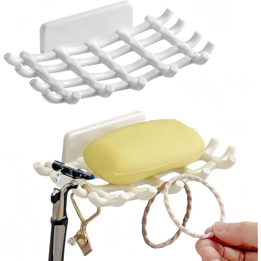 

Soap Holder Soap Dish with Hooks Razor Holder Adhesive Bar Soap Holder No Drilling Soap Saver Tray for Shower Wall Bathroom Org