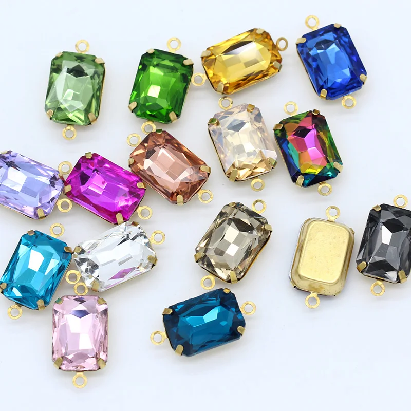 Sewing Rectangular octagon Rhinestones Glass Crystal Stone Gold base Glass crystal double loop pandent Jewelry accessories DIY