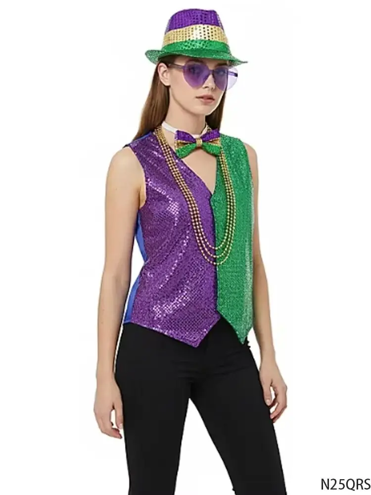 PESENAR Mardi Gras ensemble de costumes à paillettes chapeau gilet lunettes collier de perles noeud papillon accessoire de fête