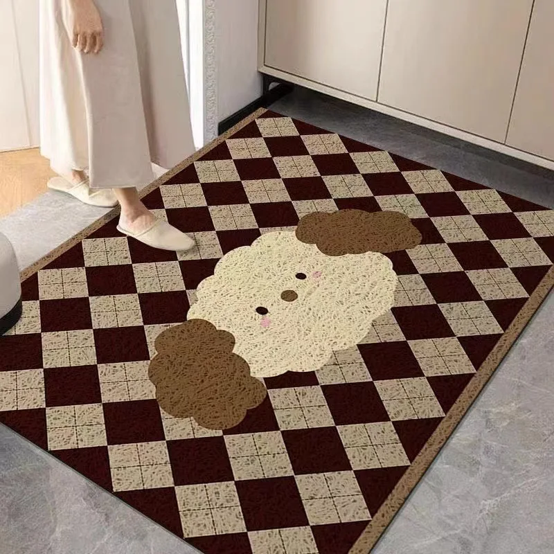 Cute Puppy Plaid Non-slip PVC Retro Entrance Doormat Floor Mats Silk Loop Entryway Porch Hallway Home Decor Dust Removal Carpet