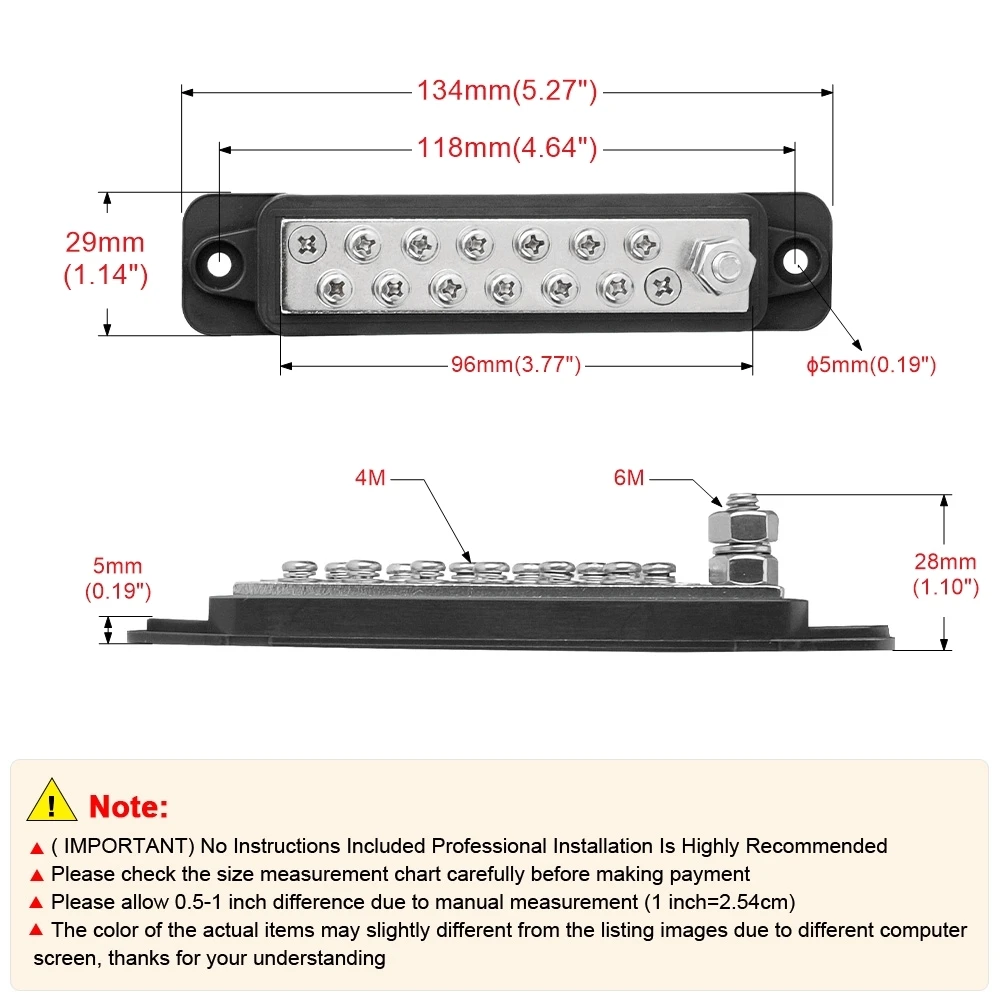 Battery Power Distribution Block Bus Bar Positive Negative 12 X M4 15A Terminal Screws 1X M6 Terminal Studs 180A For Car Boat