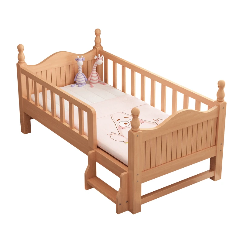 

Solid wood children's bed splicing, large with widened side, small for boys and girls, single with guardrail,