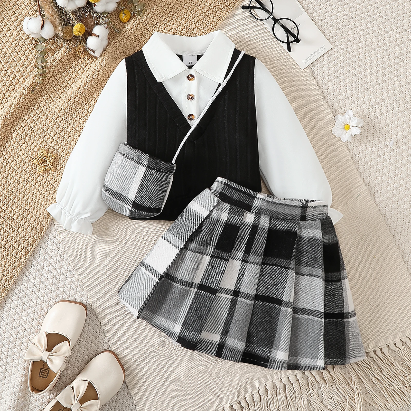 4-7 Year girls' Set Fake Two piece Collar Top Black and White Checkered skirt+Mini Small bag, 3-piece Set in girls College style