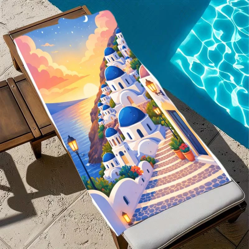 

Mediterranean Blue Dome Beach Towel 1Pc Microfiber Sandproof Waterproof 2D Flat Printed Bath Towel For Swimming Sunbath
