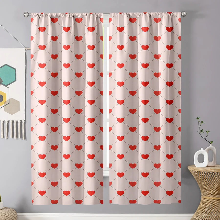 2PCS rice bottom grid red heart curtain, simple and sweet style, bedroom and living room, decoration, pull rod pocket decoration