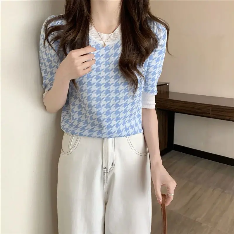 Summer New Round Neck Striped Houndstooth Knitting Tee Women Casual Fashion All-match Waist Pullover Top Female Vintage T-shirt