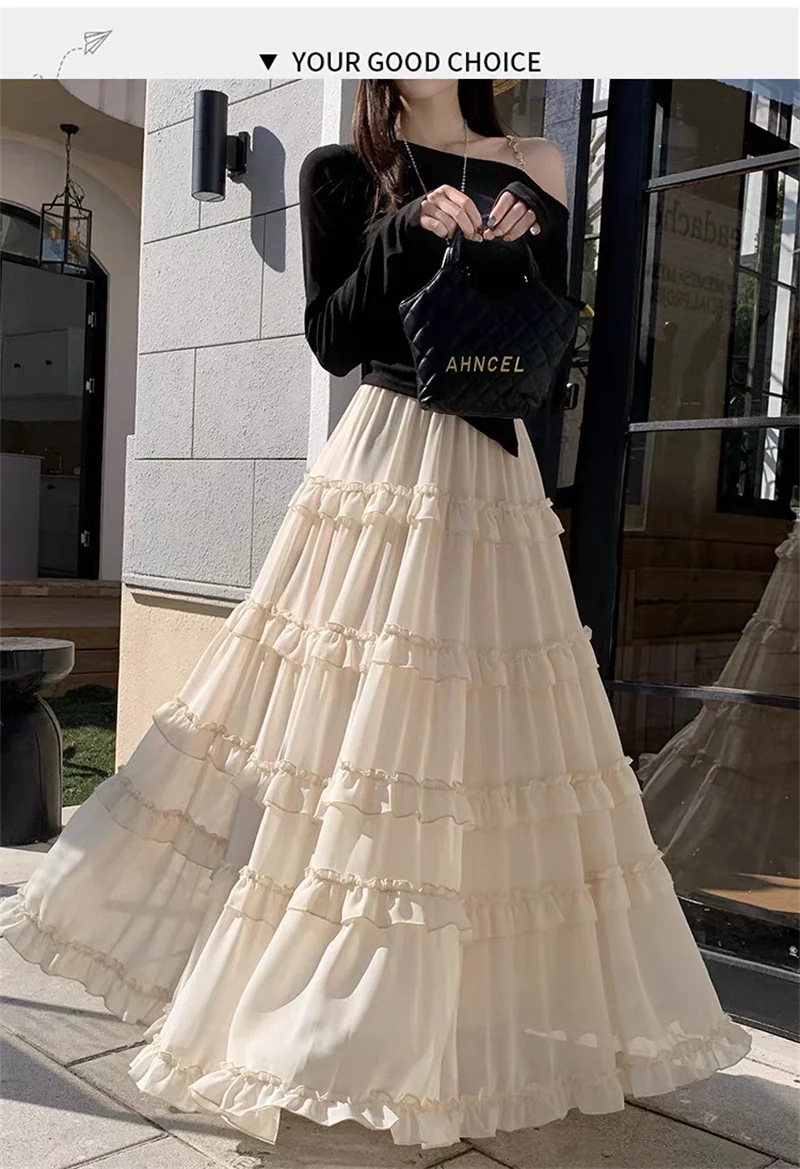 Saia Longa Maxi Feminina Plus Size 5XL, Moda com Cintura Alta, Elegante, com Babados e Barra Fluida, para Festa e Streetwear