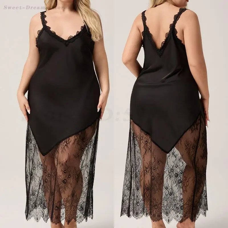 Sexy Lace Lingerie Suspender Nightgown Plus Size Chemise Sleepwear Temptation Night Dress Underwear Summer Satin Long Home Dress