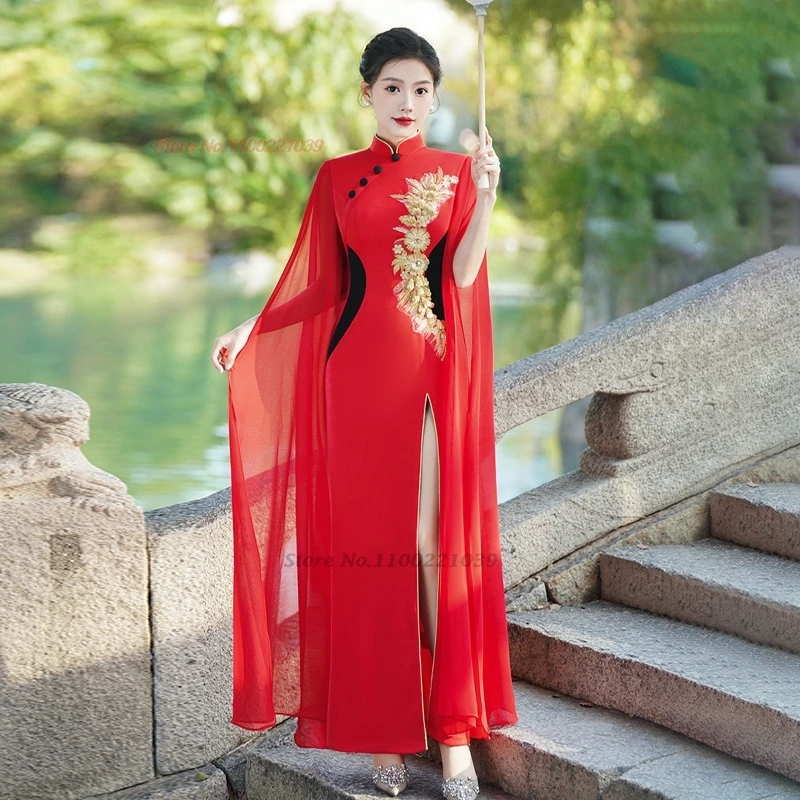

2025 chinese vintage dress improved cheongsam national flower embroidery formal qipao retro evening dress banquet party dress
