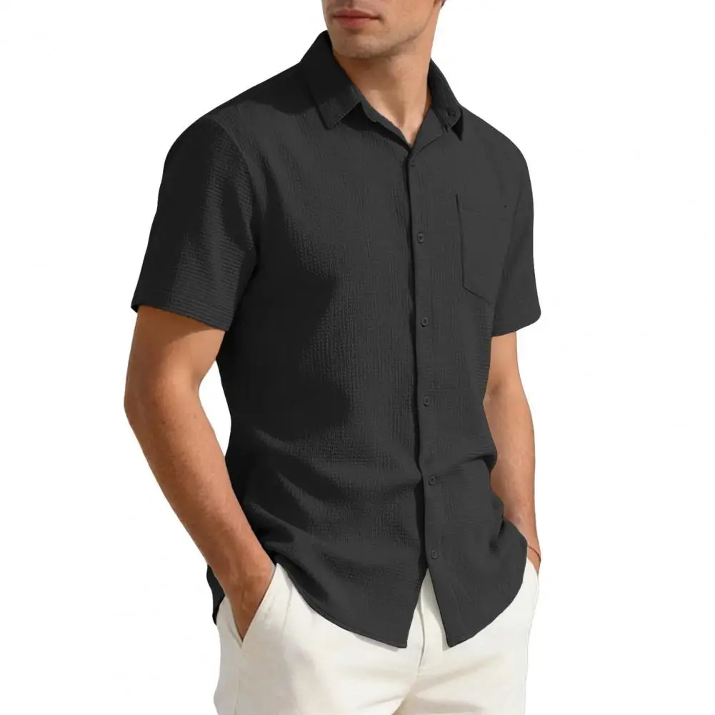 

Loose Fit Men Summer Shirt Turndown Collar Textured Shirt Solid Color Fashionable Holiday Shirt for Parties Vacation Beach Dates