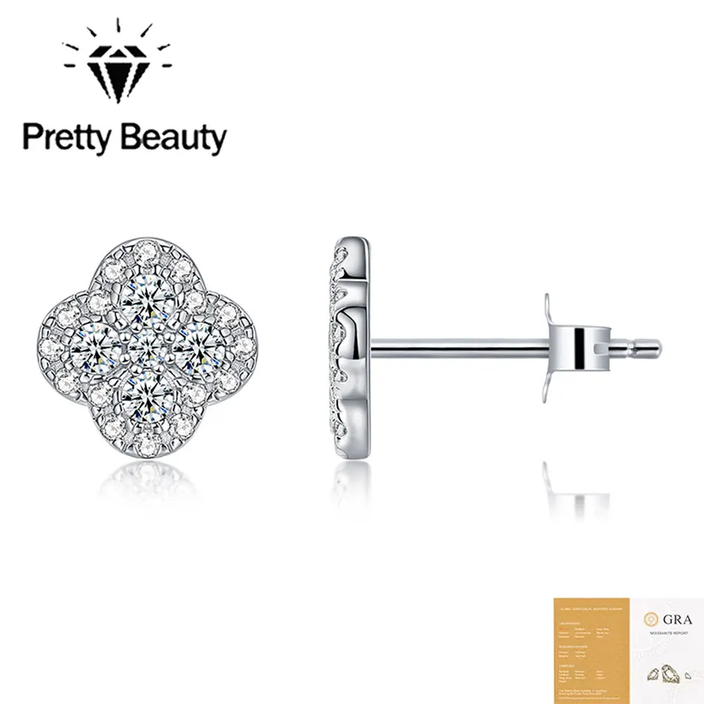 Pretty Beauty Moissanite Four Leaf Clover Design Stud Earrings for Women 925 Silver Hypoallergenic Jewelry Birthday Gift for Her