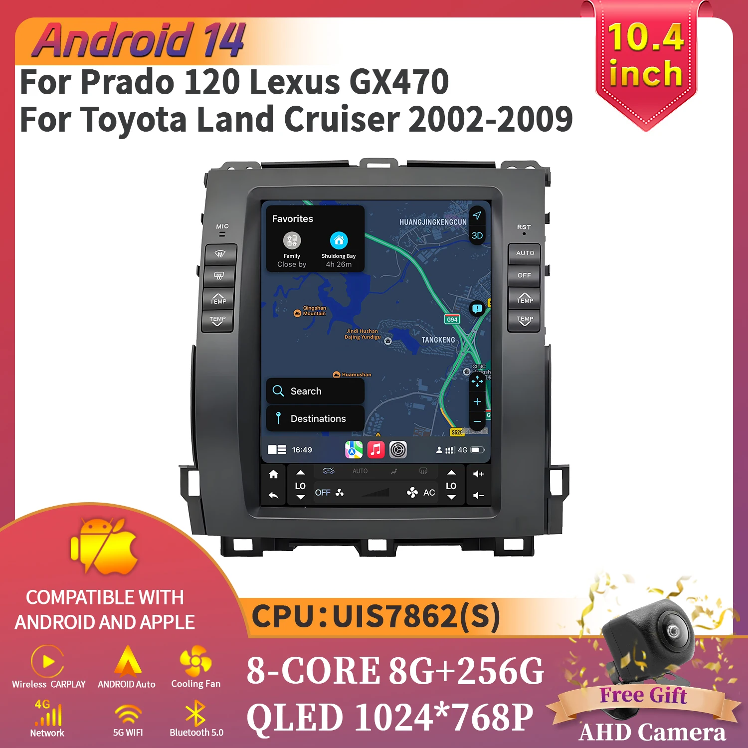 

10.4" Android 14 For Prado 120 Lexus GX470 For Toyota Land Cruiser 2002-2009 Car Radio Multimedia Intelligent Bluetooth Carplay