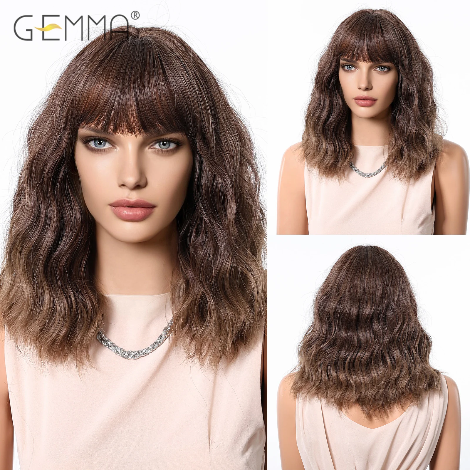 GEMMA Synthetic Wavy Wig Brown Ombre Short Curly Wig with Bangs for Women Natural Hair Cosplay Party Wig Heat Resistant Fibre