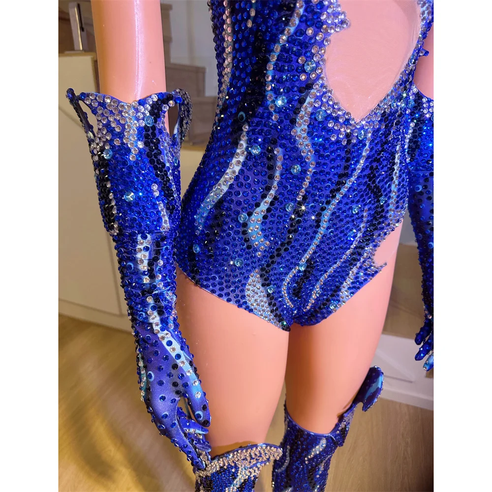 Dameszangeres Jazz Modern Dansteam Performance Kleding Rood Blauw Vlampatroon Steentjes Bodysuit Rave Outfit Podiumkostuum