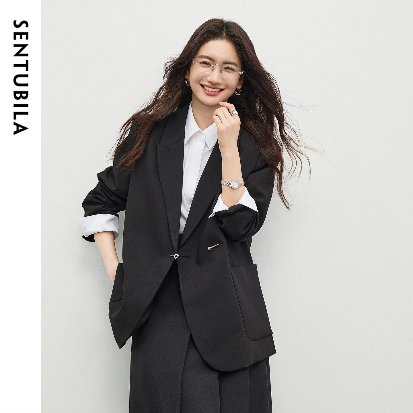 

SENTUBILA Black Blazer Suit Jacket Women 2026 Spring Fall Fashion Trend Elegant Office Ladies Work Wear Clothing 153XC3230