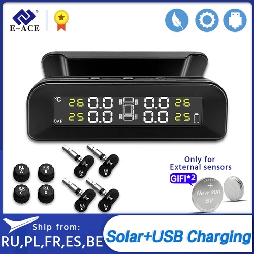 E-ACE K07 TPMS sensor solar inteligencia sistema inalámbrico de monitoreo de presión de neumáticos advertencia de temperatura con 4 sensores