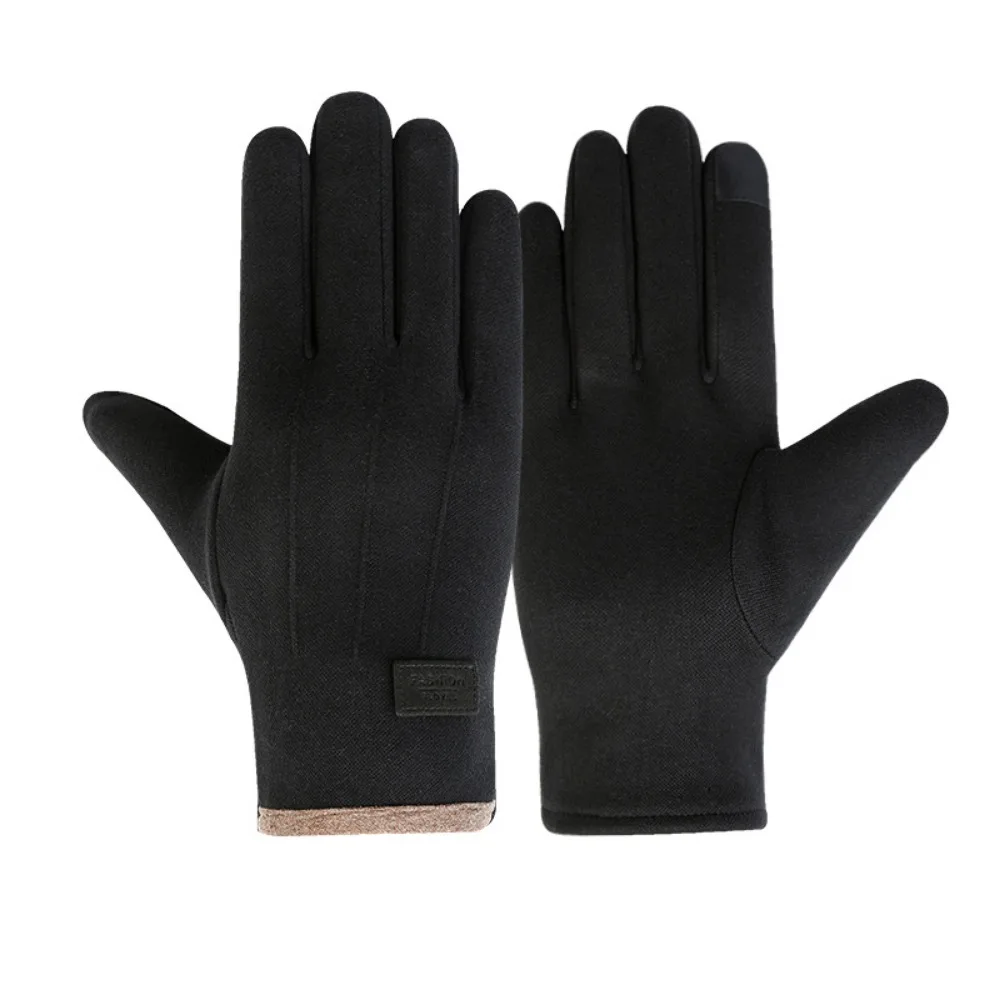 Suede Fabric Finger Gloves Double Sided Plush Warm Touch Screen Gloves Windproof Cold Prevention Warm Gloves Men's Style