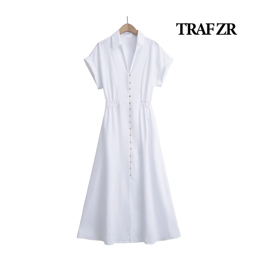 TRAF ZR Vacation Short Sleeve Ruffled ShirtDress V-neck Lapel Collar Front Button Midi Dresses Elastic Waistband White Dress