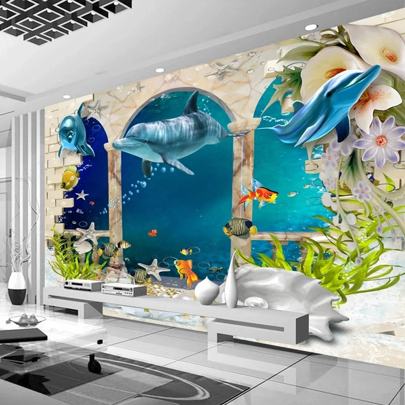 

Custom Photo Cartoon 3D Underwater World Ocean Dolphins Brick Wallpaper Bedroom Living Room Decor TV Background Large Wall Mural