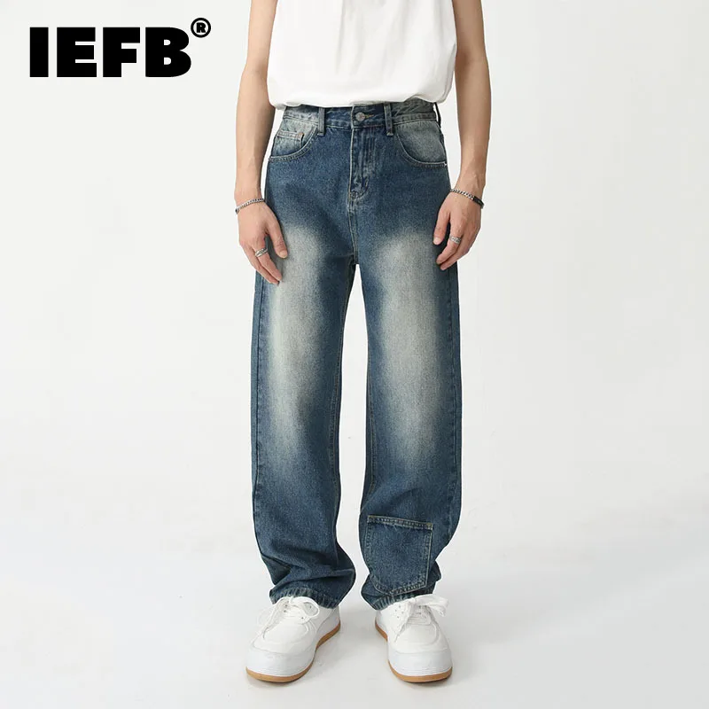 

IEFB New Fashion Men's Gradient Jeans Personalized Pocket Design Trendy Menwear Summer Loose Straight Washed Denim Pants 9A7645