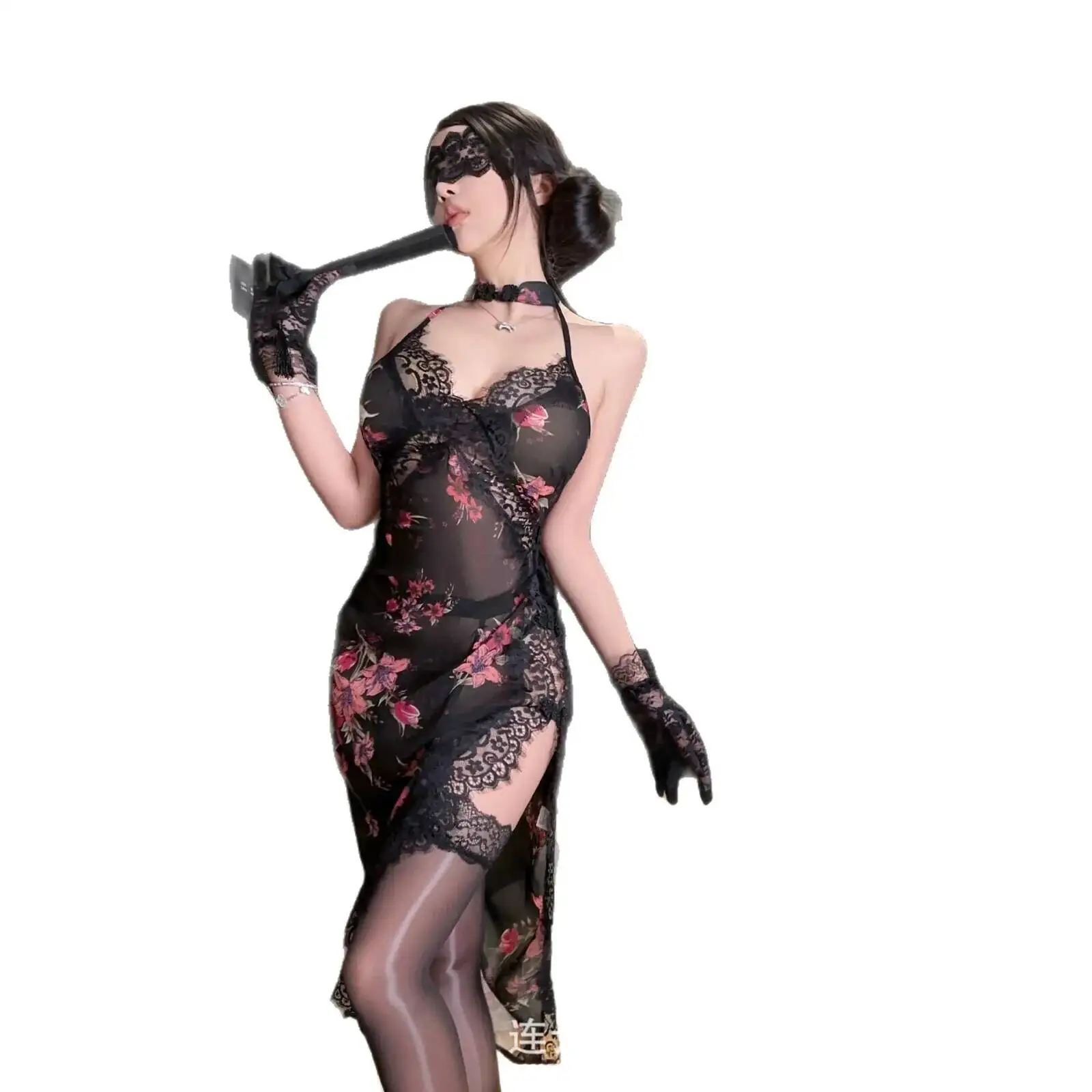 

Sexy Lace Cheongsam For Night-time Fun Pure Flirtation Small Bust Uniform Sleepwear Dress Hanging Neck Pure Desire Dress 8K5W