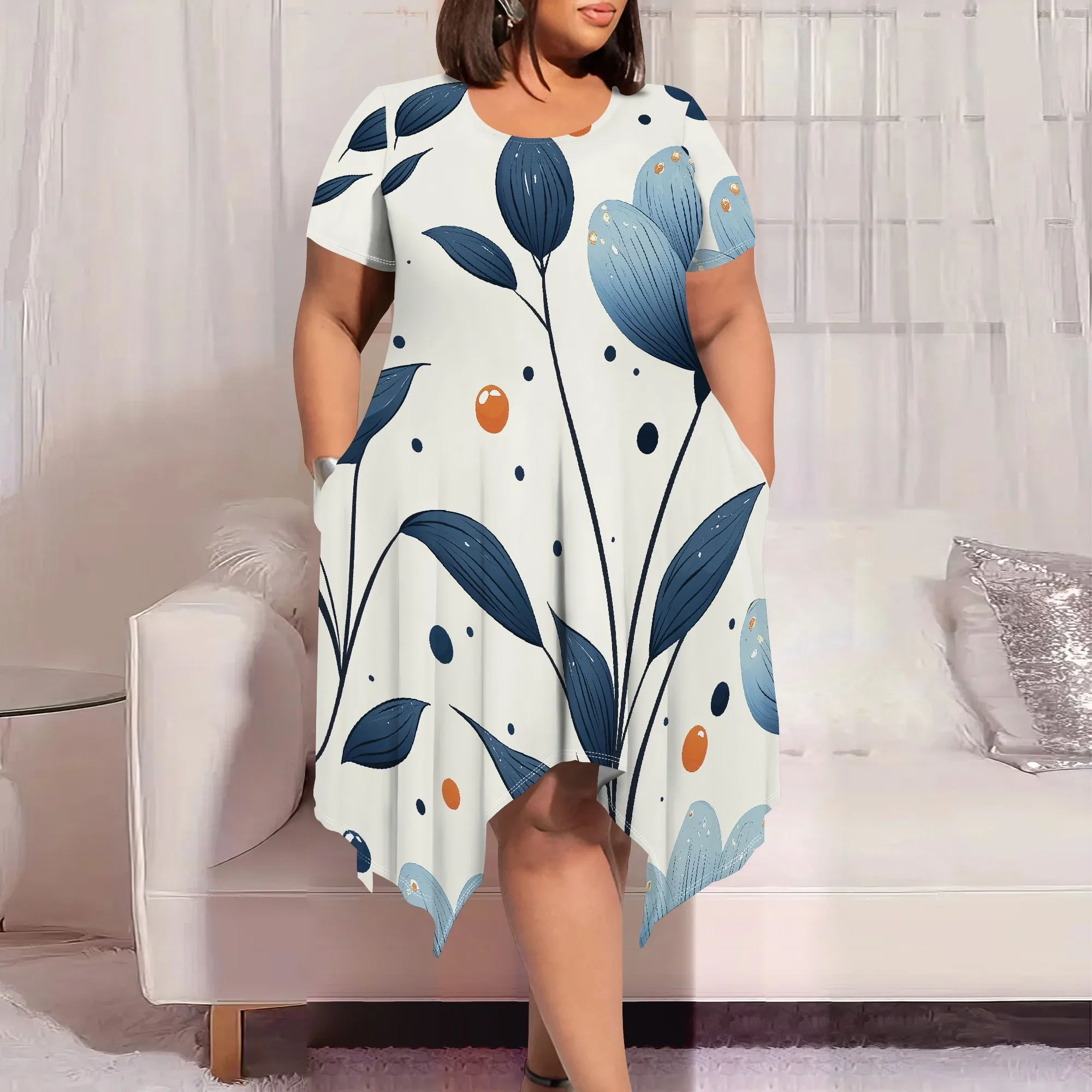 

Plus Size Women's Pullover Sexy Short Sleeve Round Neck Fashion Printed Summer Casual Midi Dresses With Pocket