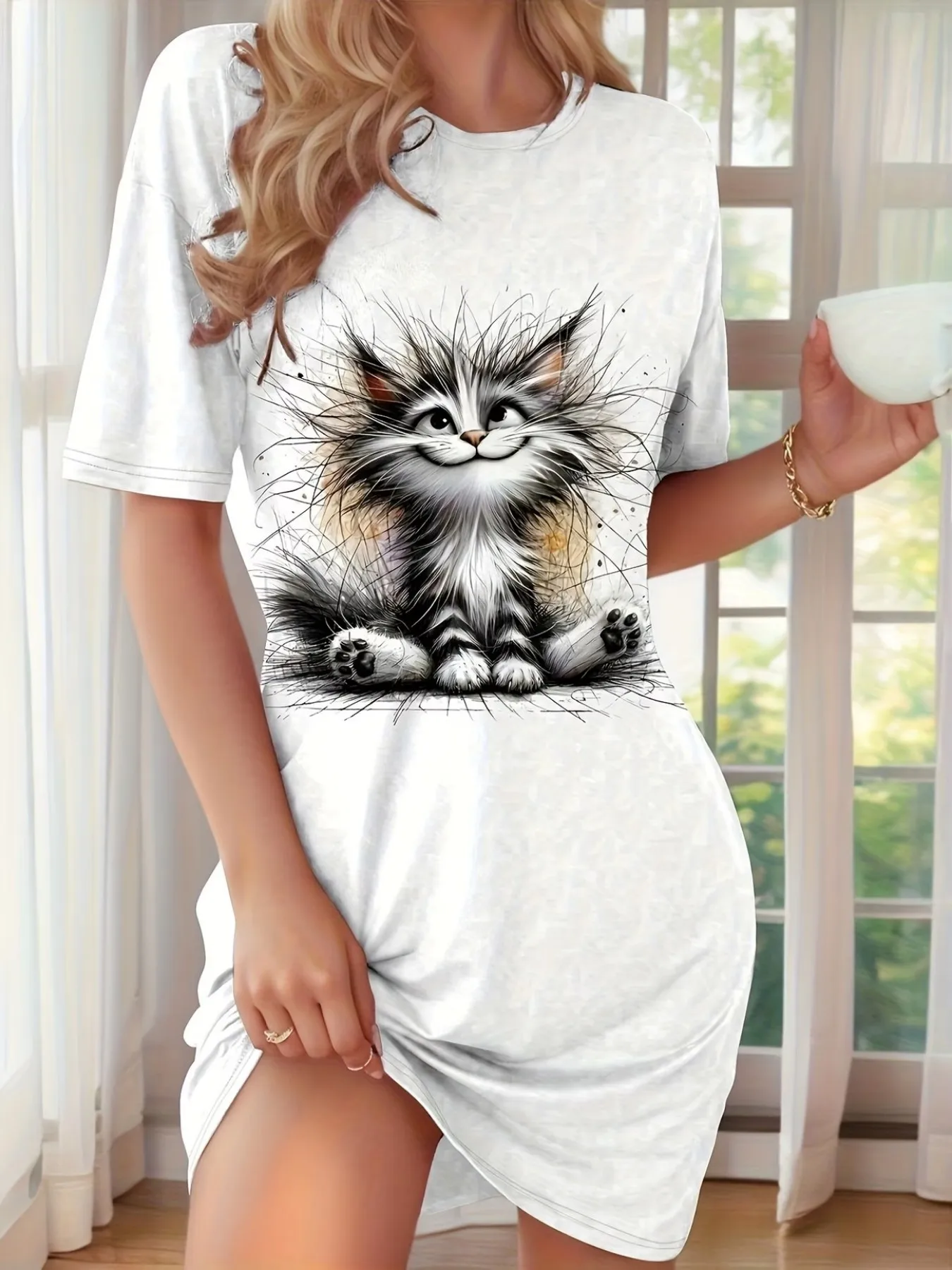 Fun Sketch-Style Cute Fluffy Cat Print Women's Casual Loose Mid-Length Home Pajama Dress
