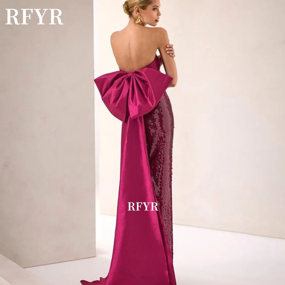 RFYR Mermaid Evening Dress Sequined Prom Dress with Bow Back Party Dress Strapless Celebrity Dress for Arabic Women Customized image 2