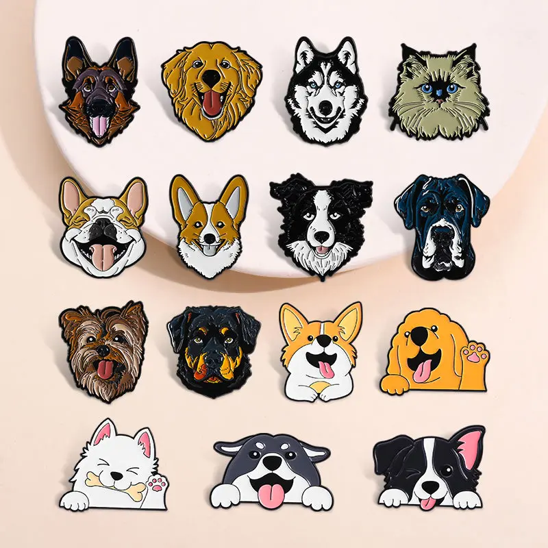 8pcs Random Shipments Fashion Cartoon Animal Fun Cute Husky Golden Hair Samoyed Pet Dog Brooch Metal Badge Clothes Accessories