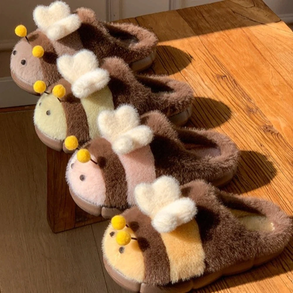 

Cute 3D Little Bee Cartoon Bee Plush Slippers Fluffy Thick Soled Warm Fur Slippers Student Anti Slip Y2K Bee Slippers Bedroom