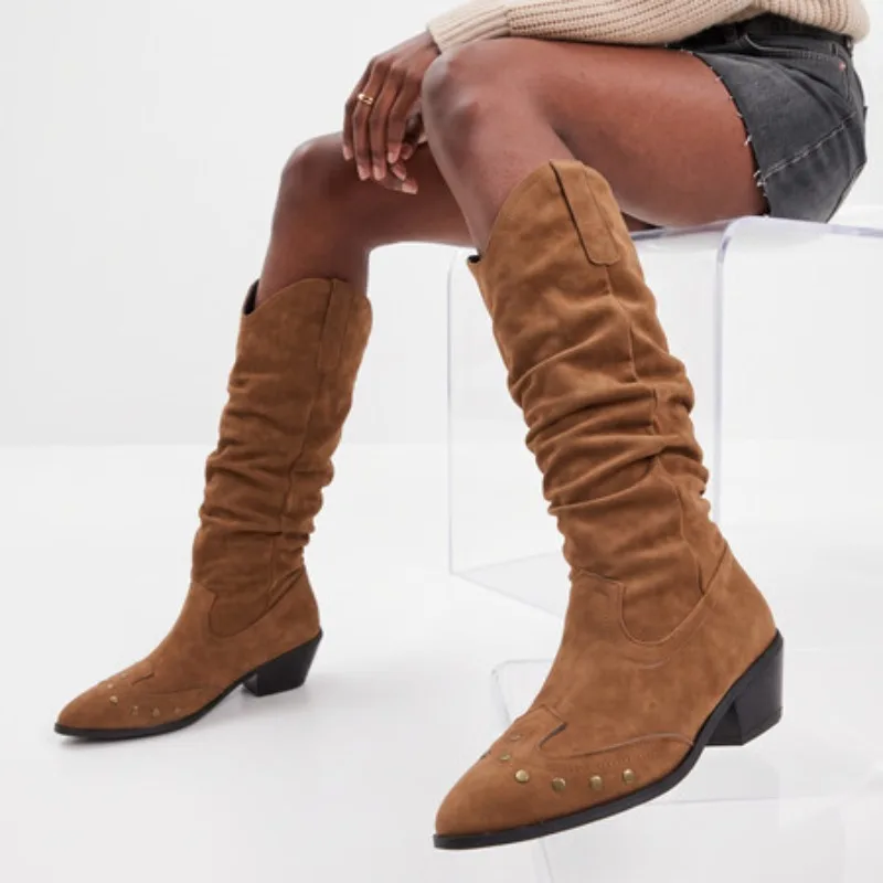 2026 Faux Suede Vintage Trouser legs Western Boots Brown Women Rivets Punk Winter Shoes Knee High Boots