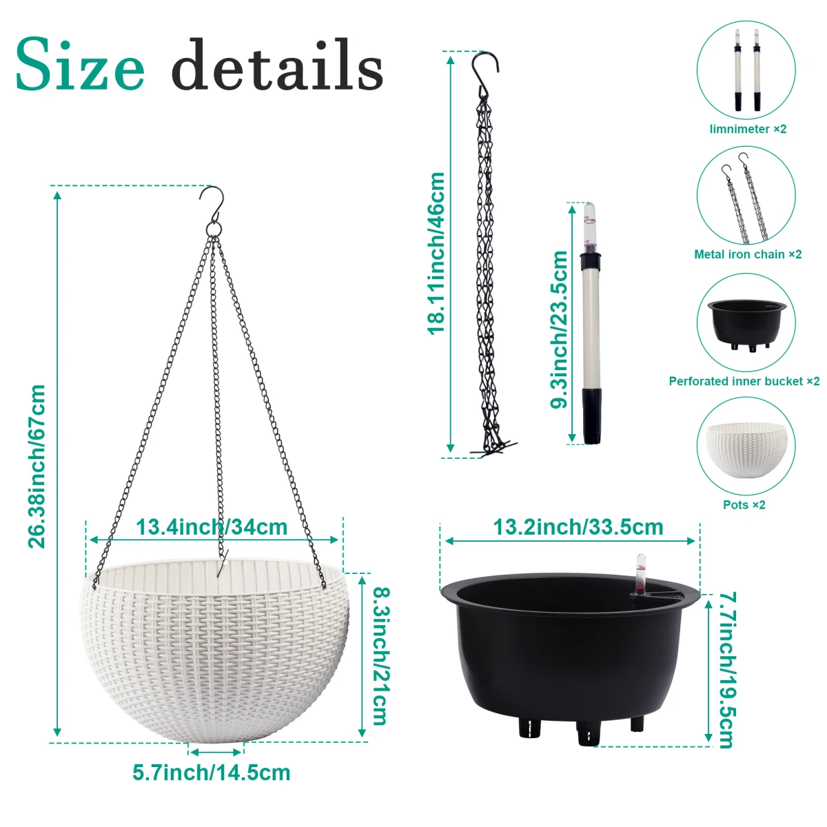 13.4 inch Self-Watering Hanging Rattan-Inspired Planter Large Capacity, Root-Rot Resistant Water Storage with Water Level Indicator, Dual-Use for Indoor & Balcony Decoration (Pack of 2, White)   WL RR