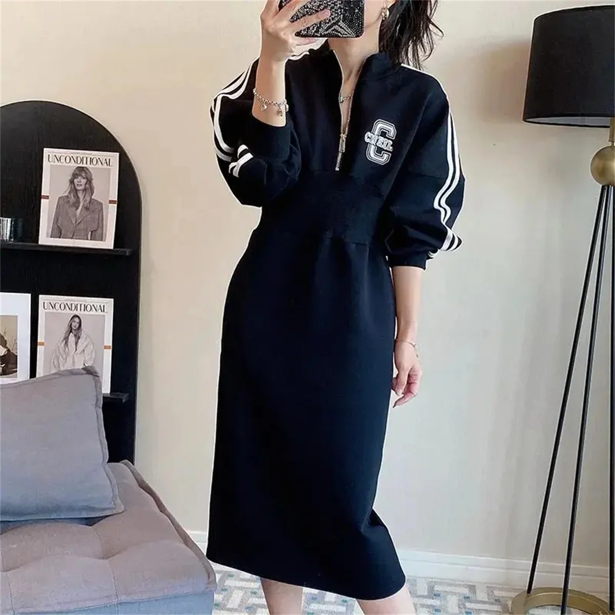 Women Fashion Plus Size Dresses Autumn Casual Tight Hoodie Dress Long Sleeve Stand Collar Vestidos High Waist Black Robe Outfit