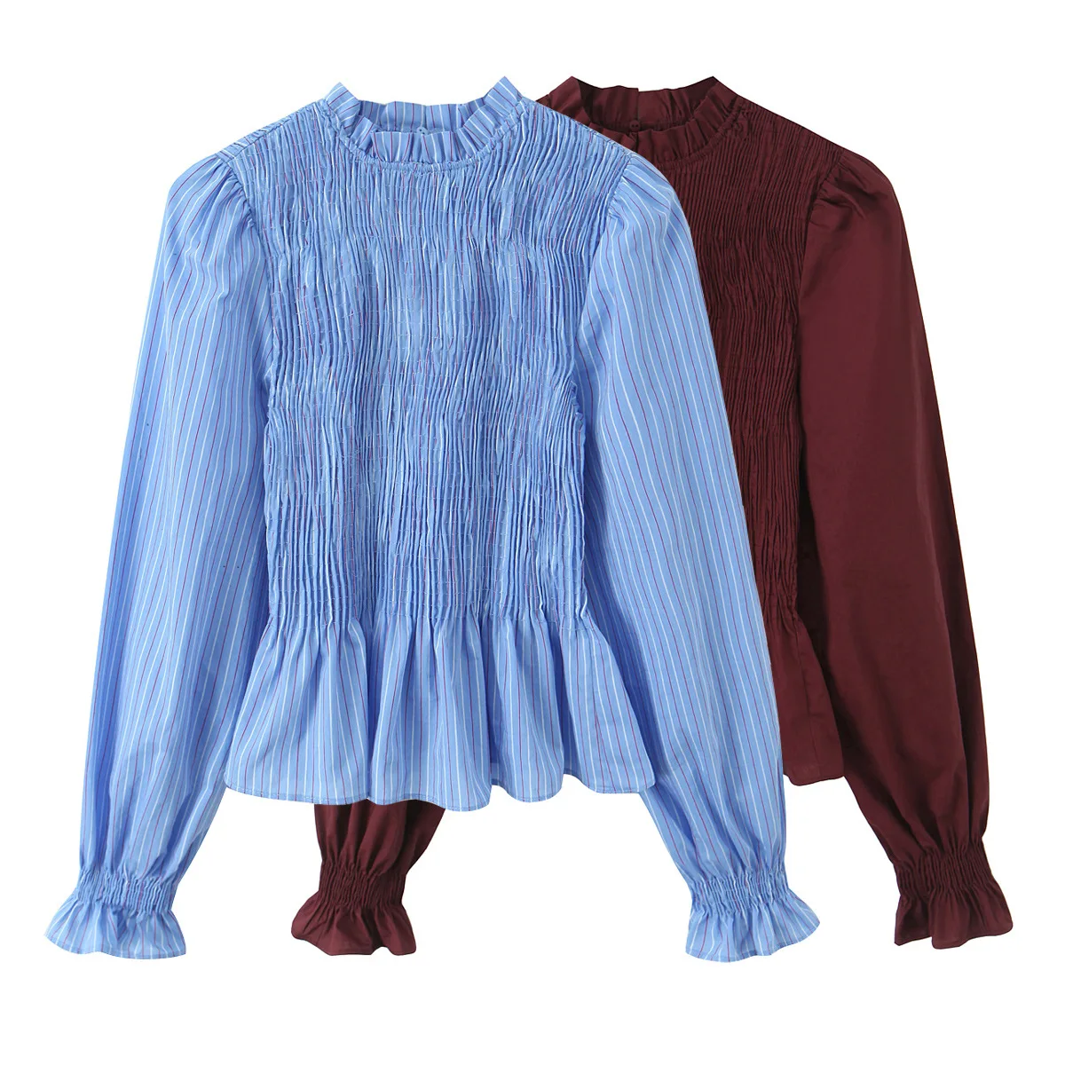 

Women's Ruffled High Neck Striped Blouse Smocked Bodice Puff Long Sleeve Peplum Top Casual Elegant Office Work Wear Shirt