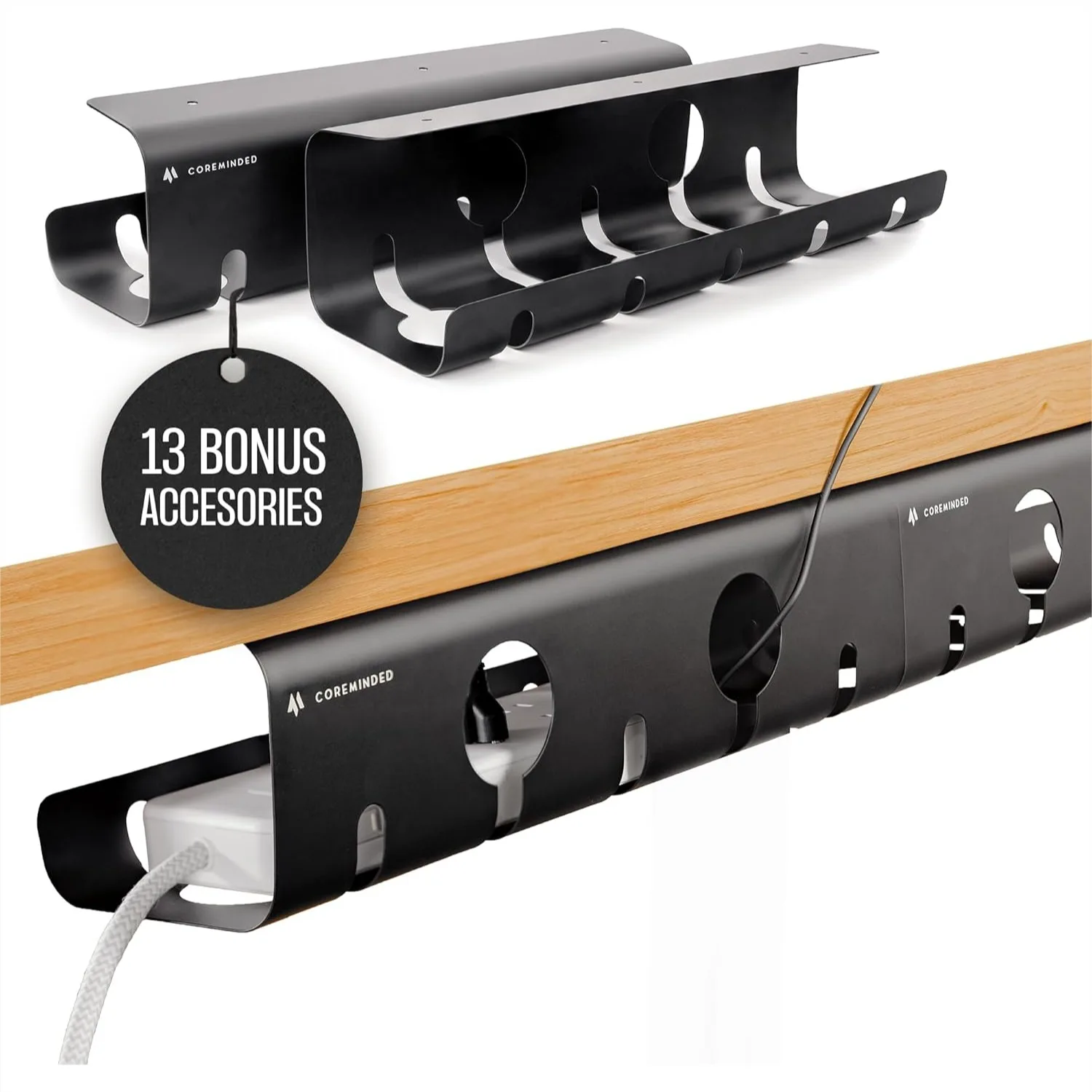 

No-Drill Under Desk Cable Management Tray 2-Pack - Wire & Cord Organizer for Standing Desk with Power Strip Holder