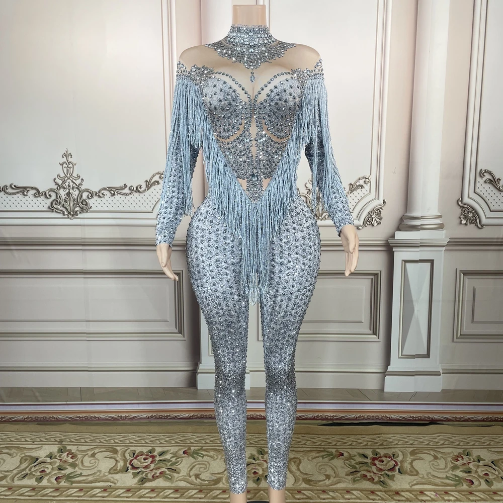 

Sparkly Rhinestones Tassel Jumpsuit Long Sleeve Sexy Women Birthday Party Outfit Dancer Show Rompers Performance Stage Wear